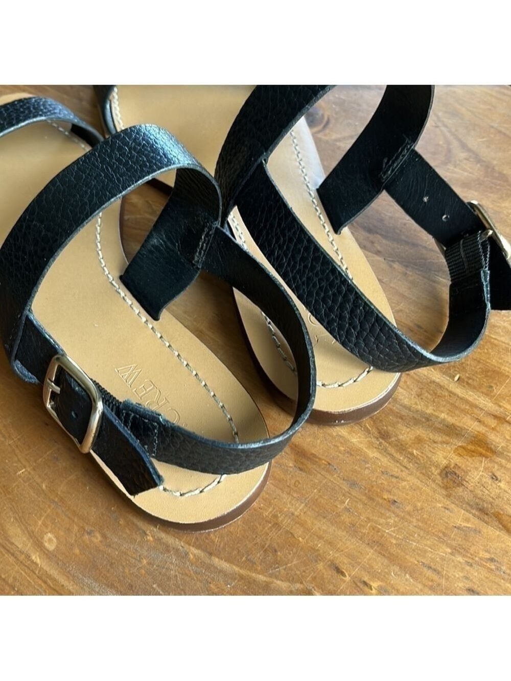 J. Crew Women’s Black Pebble Leather Flat Double Strap Sandals 6.5 - Picture 5 of 12